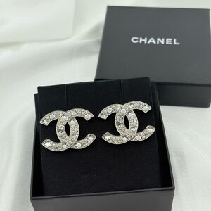 Chanel 2025 Large Silver Crystal Pearl CC Heart Statement Earrings